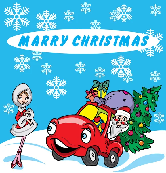 Christmas greetings with Santa and sexy girl — Stok Vektör